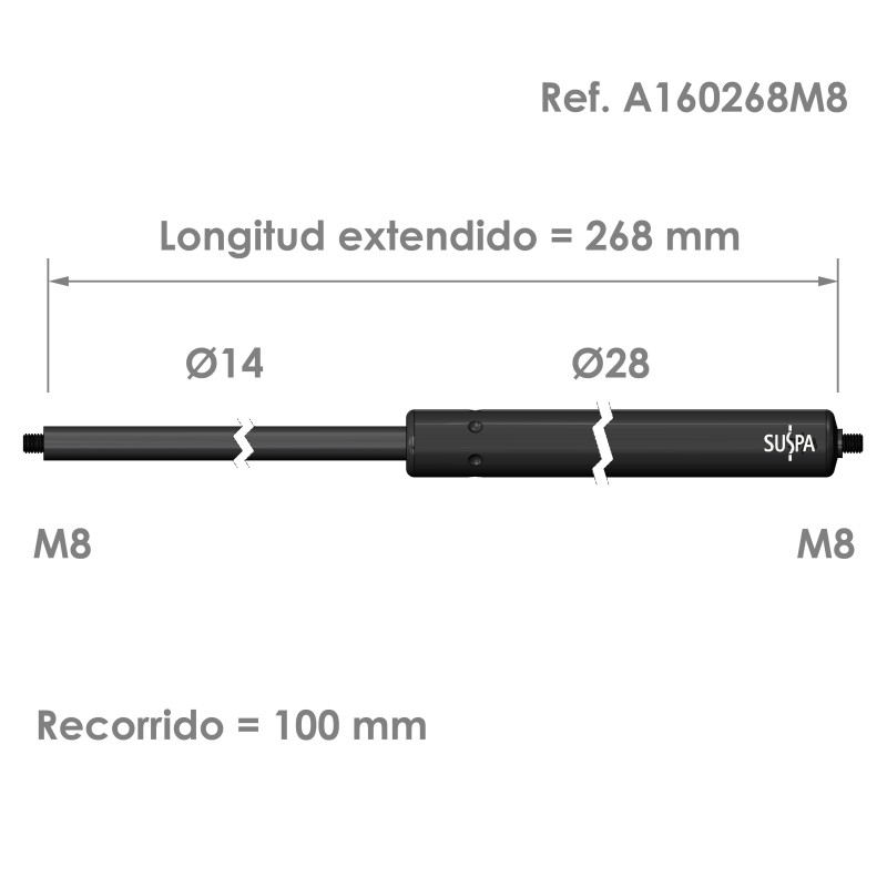 Resorte de gas roscado Suspa · Fuerza: 200-2000 N · Ref A160268M8