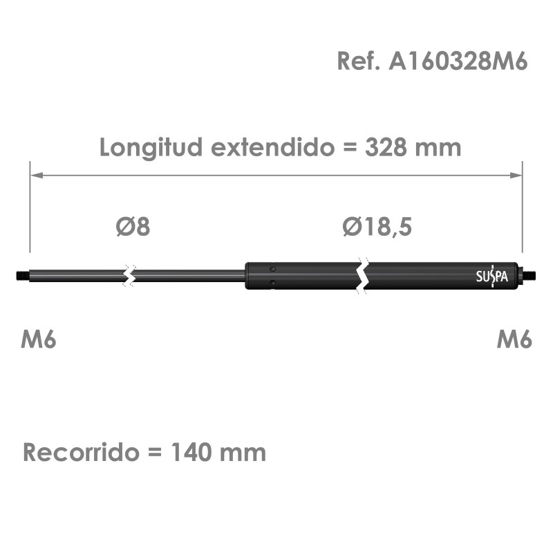 Resorte de gas roscado Suspa · Fuerza: 80-750 N · Ref  A160328M6