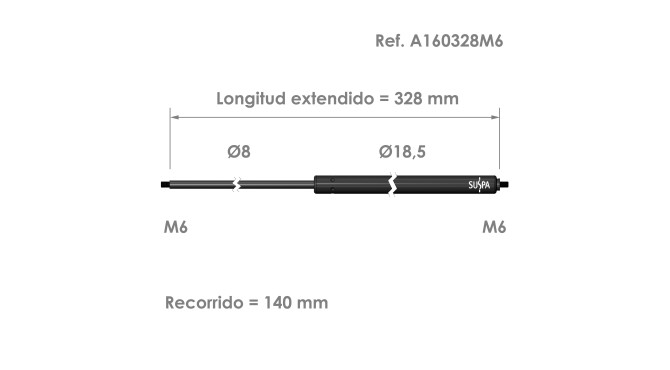 Resorte de gas roscado Suspa · Fuerza: 80-750 N · Ref  A160328M6