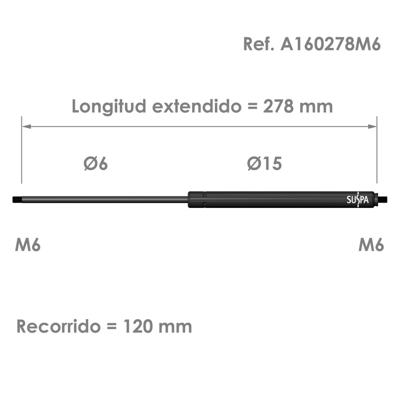 Resorte de gas roscado Suspa · Fuerza: 50-420 N · Ref  A160278M6