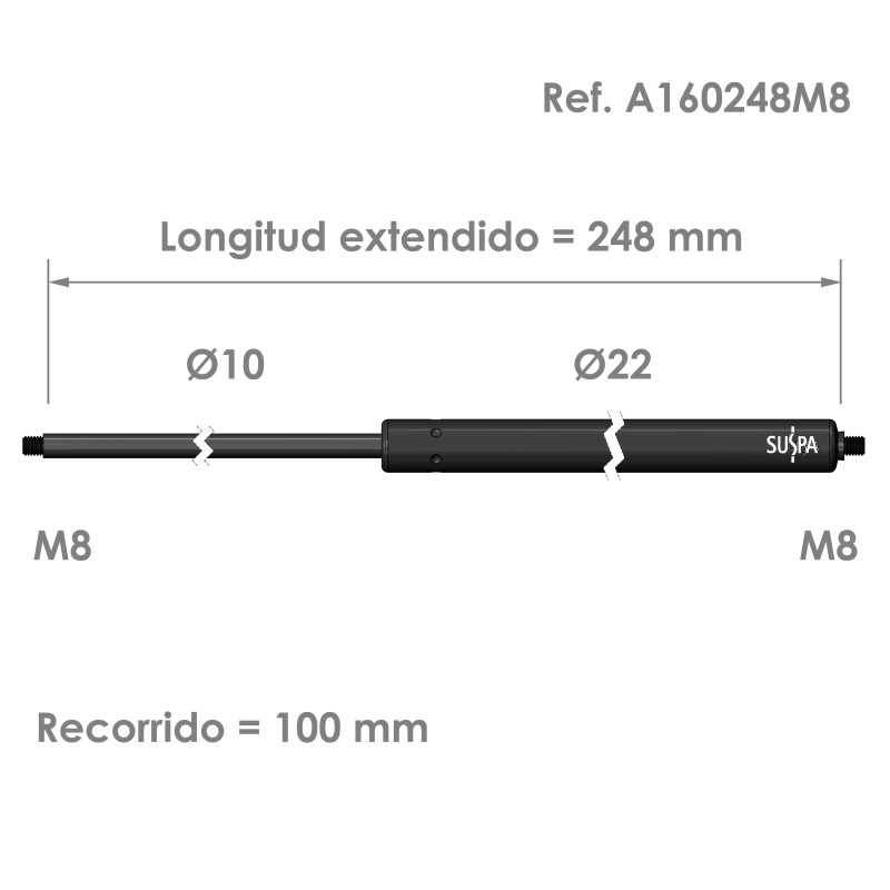 Resorte de gas roscado Suspa · Fuerza: 100-1200 N · Ref A160248M8