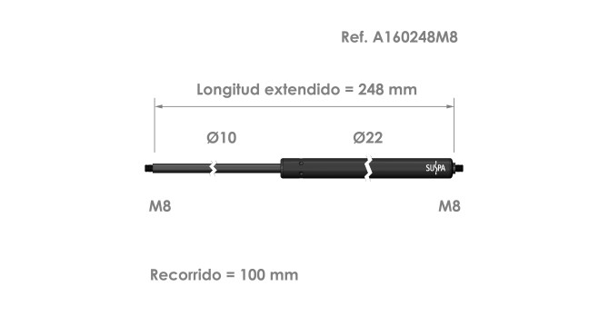 Resorte de gas roscado Suspa · Fuerza: 100-1200 N · Ref A160248M8