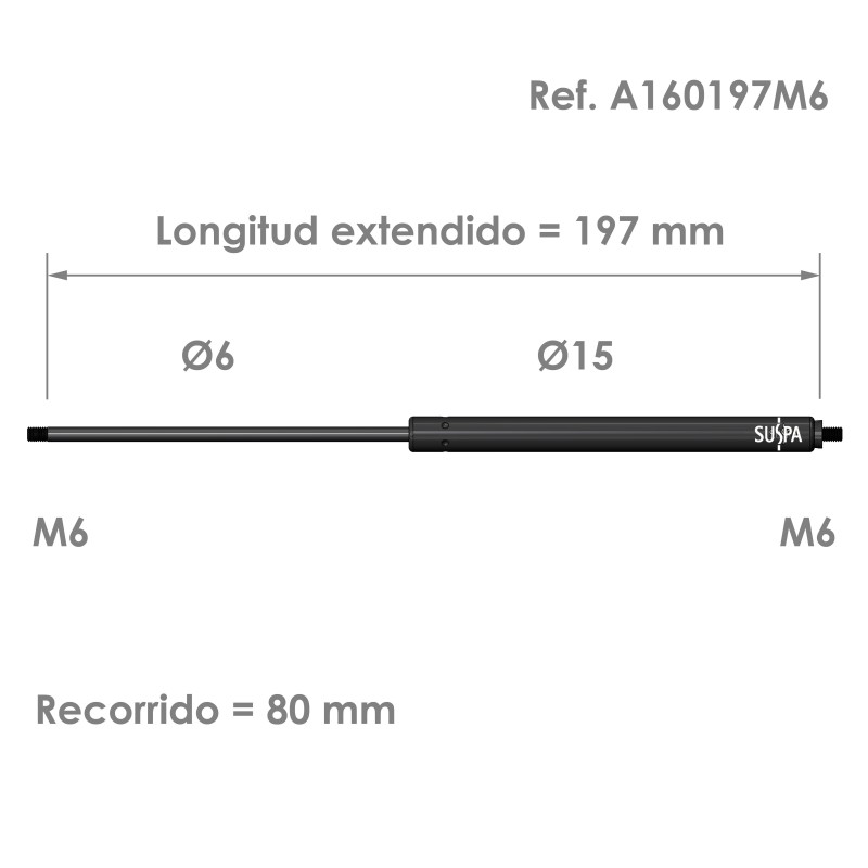 Resorte de gas roscado Suspa · Fuerza: 50-420 N · Ref A160197M6