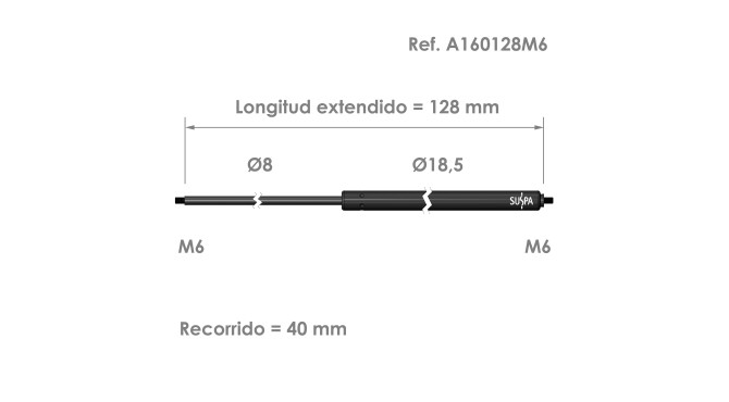 Resorte de gas roscado Suspa · Fuerza: 80-750 N · Ref  A160128M6