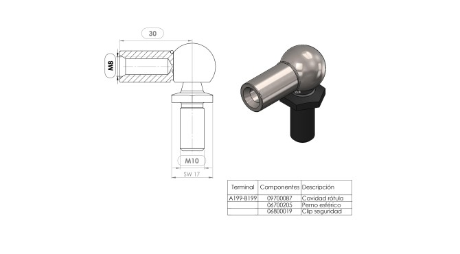 Terminal rótula con tornillo M10 (M8) · Resorte Gas