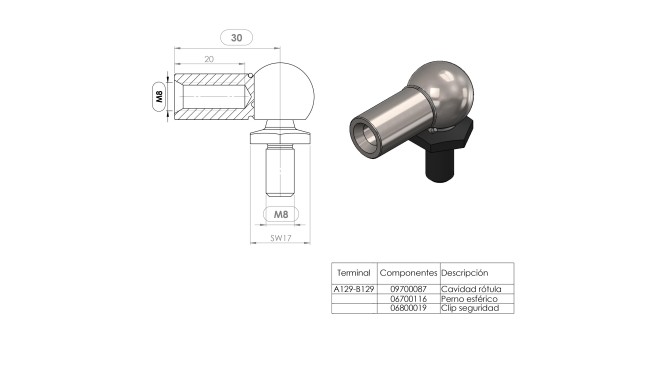 Terminal rótula con tornillo M8 (M8) · Resorte Gas