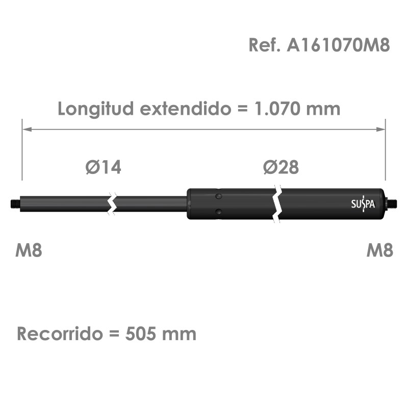 Resorte de gas roscado Suspa · Fuerza: 200-2000 N · Ref A161070M8