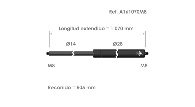 Resorte de gas roscado Suspa · Fuerza: 200-2000 N · Ref A161070M8