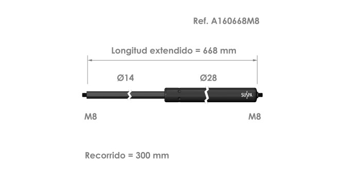 Resorte de gas roscado Suspa · Fuerza: 200-2000 N · Ref A160668M8