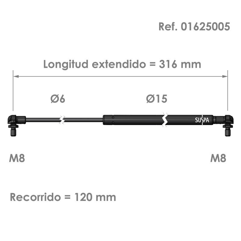 Resorte de gas rótula Suspa Fuerza: 50-420 N Ref 01625005