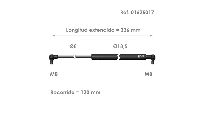 Resorte de gas rótula Suspa Fuerza: 80-750 N Ref 01625017