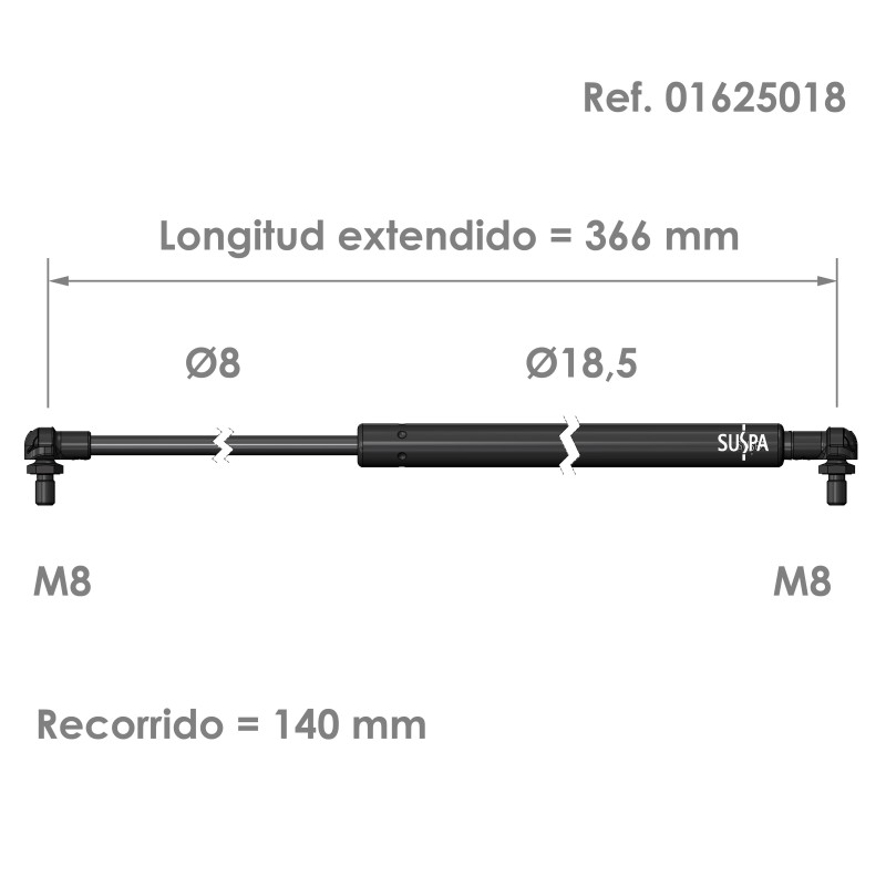 Resorte de gas rótula Suspa Fuerza: 80-750 N Ref 01625018