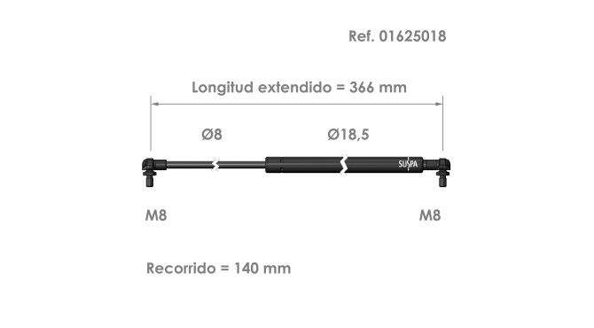 Resorte de gas rótula Suspa Fuerza: 80-750 N Ref 01625018