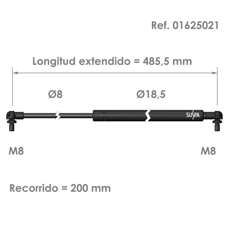 Resorte de gas rótula Suspa Fuerza: 80-750 N Ref 01625021