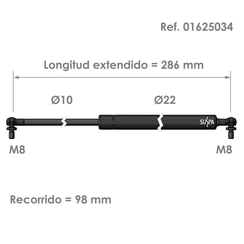 Resorte de gas rótula Suspa Fuerza: 100-1200 N Ref 01625034