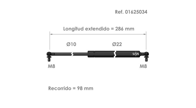 Resorte de gas rótula Suspa Fuerza: 100-1200 N Ref 01625034