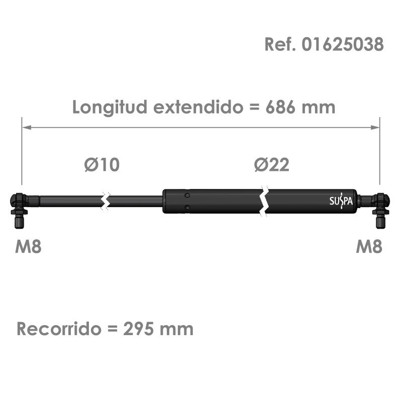 Resorte de gas rótula Suspa Fuerza: 100-1200 N Ref 01625038