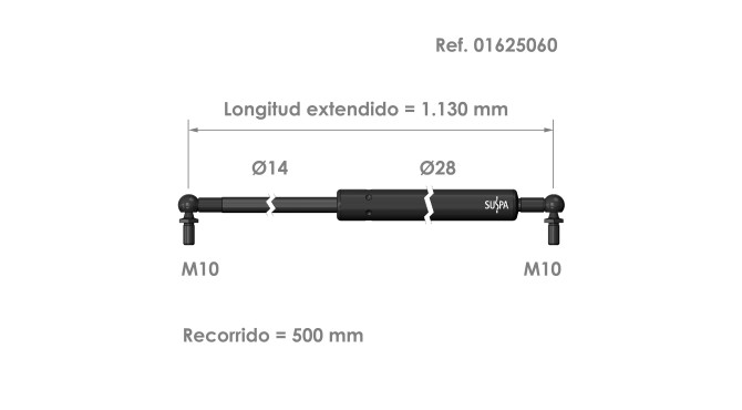 Resorte de gas rótula Suspa Fuerza: 200-2000 N Ref 01625060