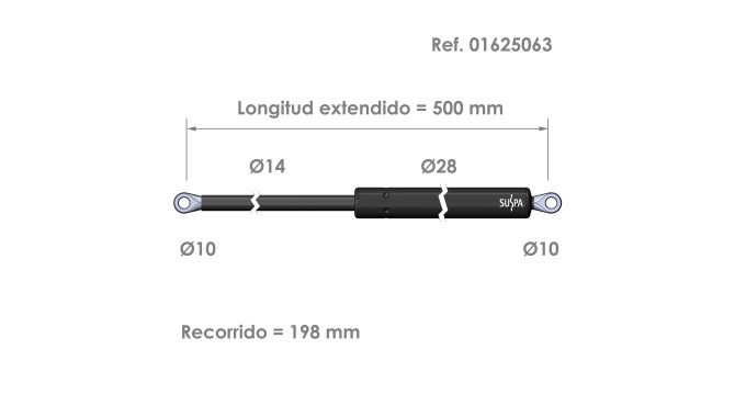 Resorte de gas ojal Suspa Fuerza: 200-2000 N Ref 01625063