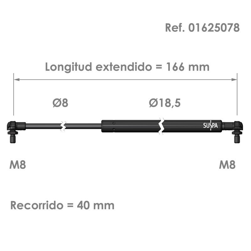 Resorte de gas rótula Suspa Fuerza: 80-750 N Ref 01625078