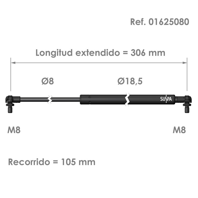 Resorte de gas rótula Suspa Fuerza: 80-750 N Ref 01625080