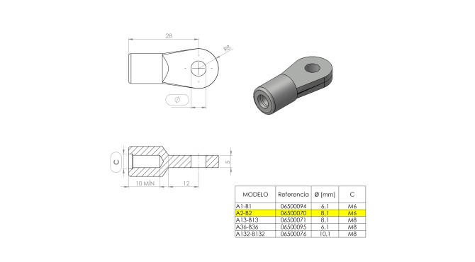 Terminal de ojal 8 mm (M6) · Resorte Gas