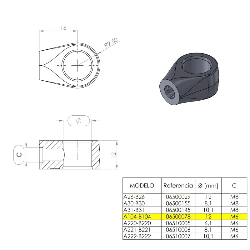 Terminal de ojal 12 mm (M6) · Resorte Gas