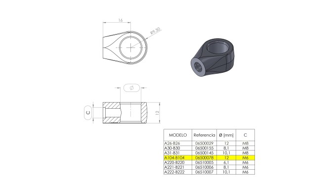 Terminal de ojal 12 mm (M6) · Resorte Gas