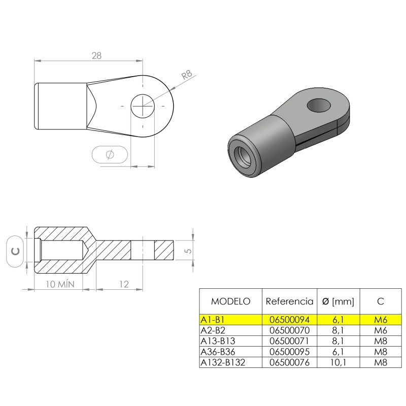 Terminal de ojal 6 mm (M6) · Resorte Gas