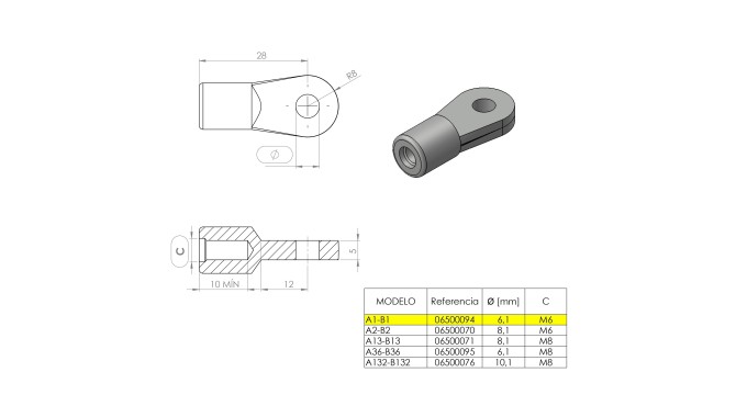 Terminal de ojal 6 mm (M6) · Resorte Gas