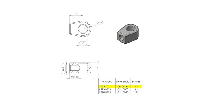 Terminal de ojal 8 mm (M6) · Resorte Gas