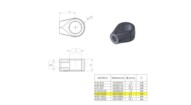 Terminal de ojal 6 mm (M6) · Resorte Gas