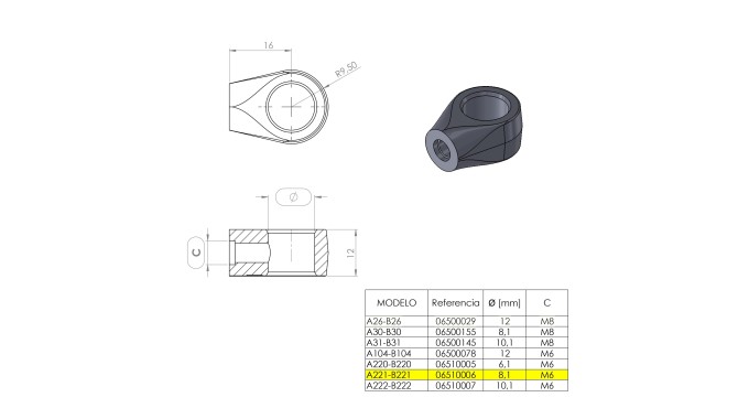 Terminal de ojal 8 mm (M6) · Resorte Gas